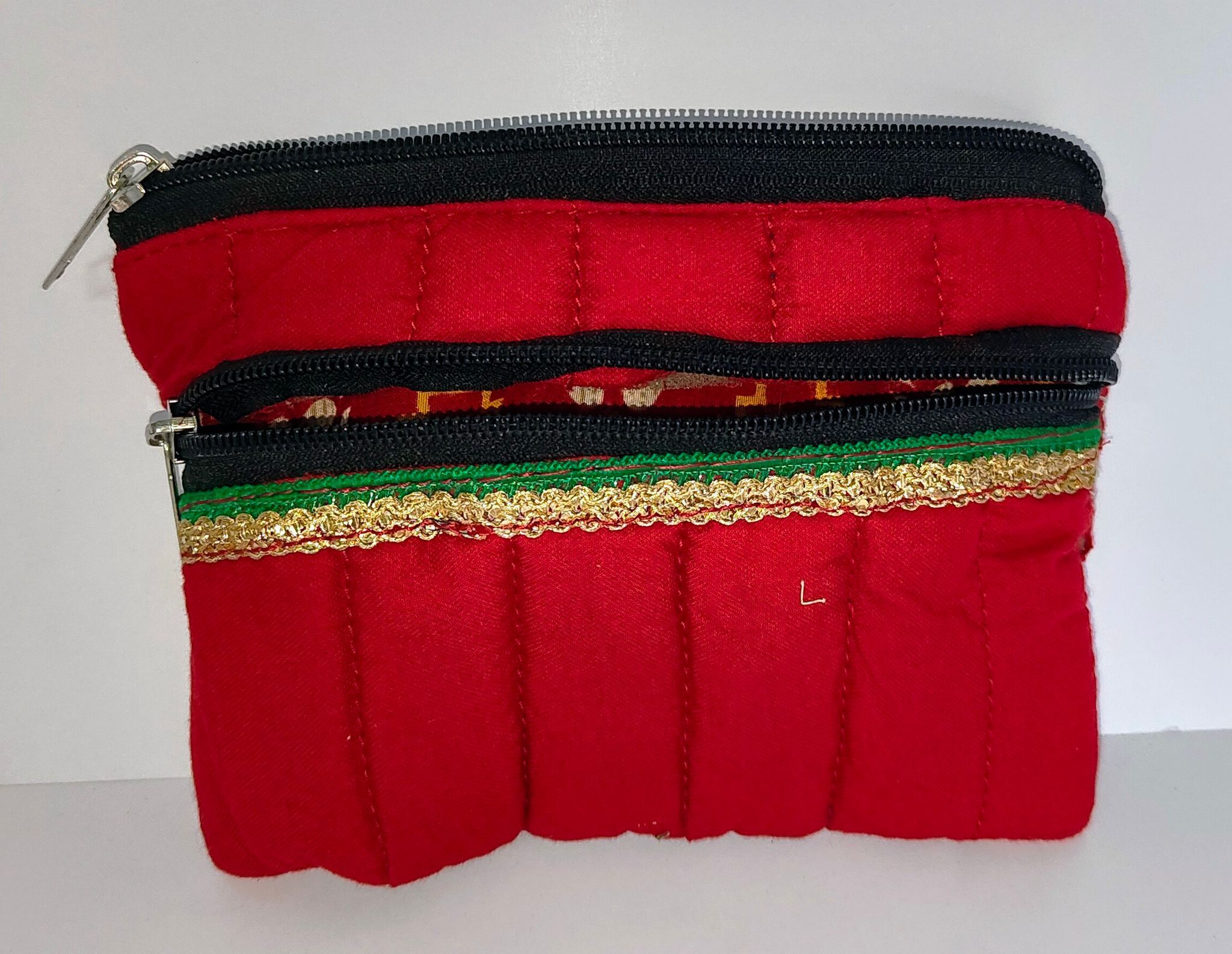 Red Quilted Cotton Double Zipper Coin Purse