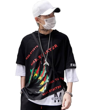 LONDON HILLS Cotton Blend Oversized Fit Printed Half Sleeves Men's Hooded T-Shirt - Black ( Pack of 1 )