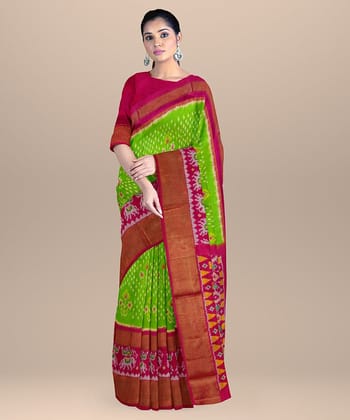 Light green pink handwoven pochampally ikat silk saree