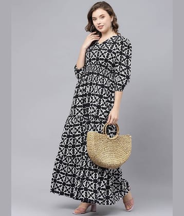 Femvy Women Crepe Printed Fit & Flare Dress ( Black )