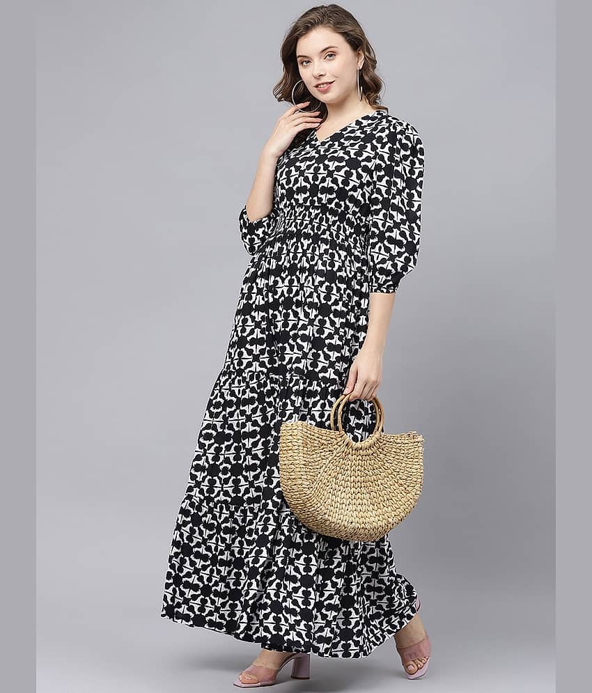 Femvy Women Crepe Printed Fit & Flare Dress ( Black )
