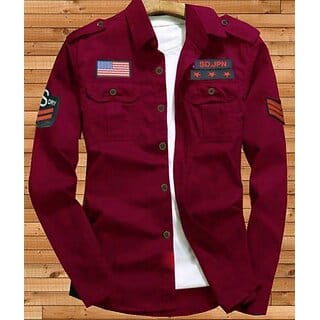 Fashlook Solid Curved Collar Regular Fit Cotton Blend Casual Maroon Shirt For Mens