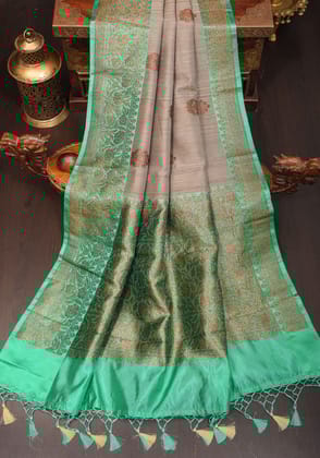 Gray Brown  Banarasi Tussar Silk Saree with Antique tone Zari buttas and border | SILK MARK CERTIFIED
