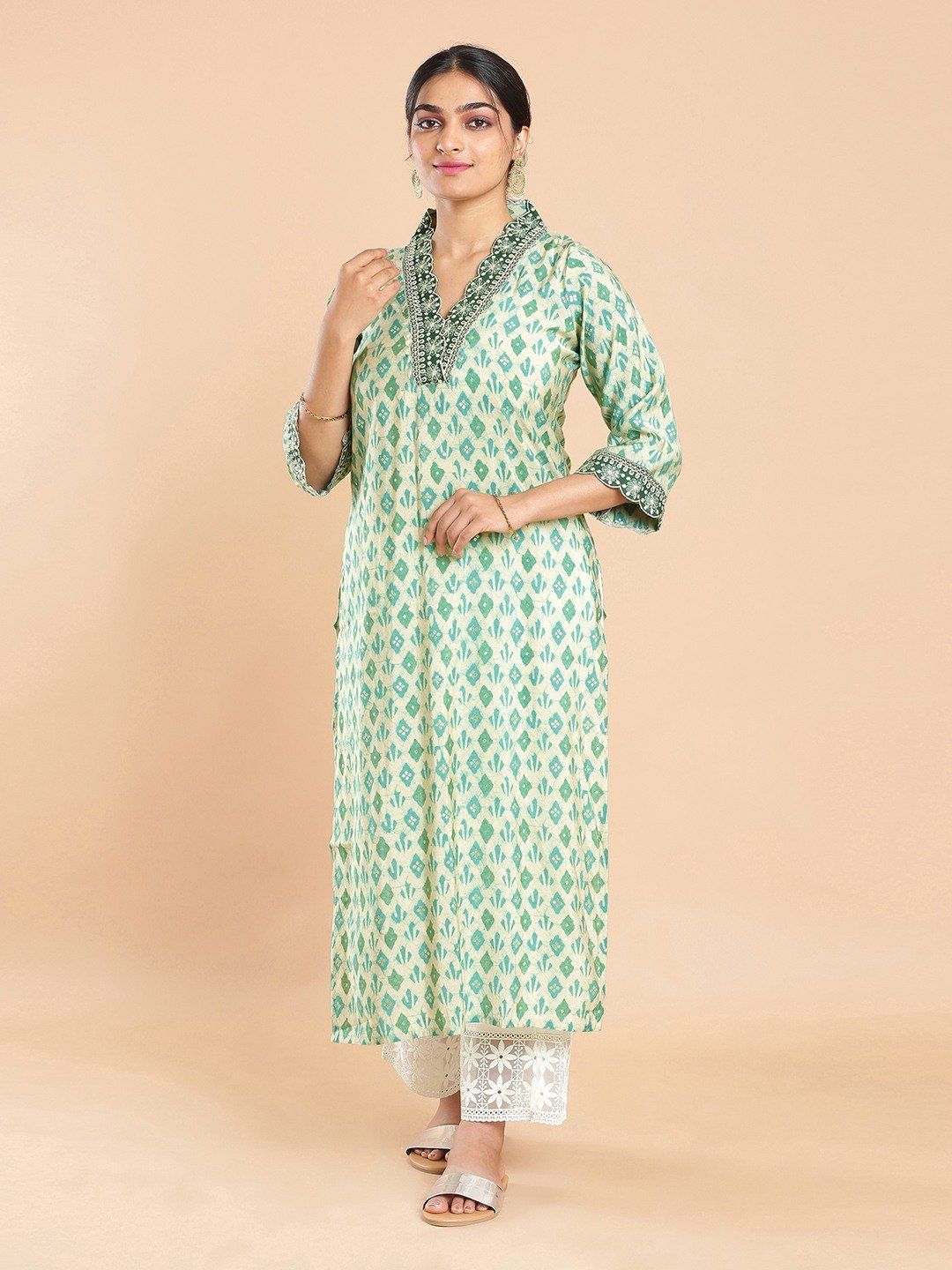 Kalyan Silks Tie & Dye Printed Cream Green Color Kurti Top