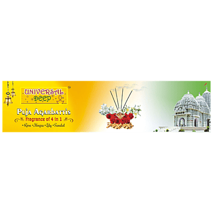 Universal Deep Pooja Agarbatti Incense Sticks 4 In 1 - Rose, Mogra, Lily & Sandal, 32 Sticks (8 Each of 4 Variants)