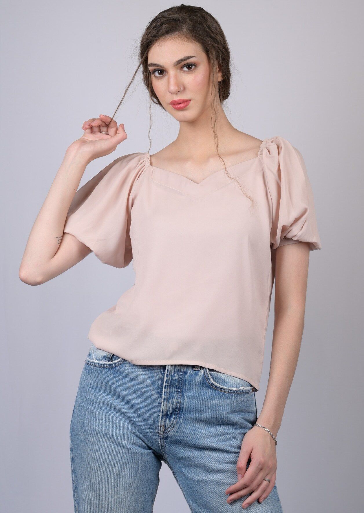 Peach V-Neck With Puff Sleeve Top (OTL-TPS1025)-Peach / XS