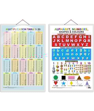 Set of 2 Multiplication Table 1-20 and Alphabet, Numbers, Shapes & Colours Early Learning Educational Charts for Kids | 20"X30" inch |Non-Tearable and Waterproof | Double Sided Laminated | Perfect for Homeschooling, Kindergarten and Nursery Students