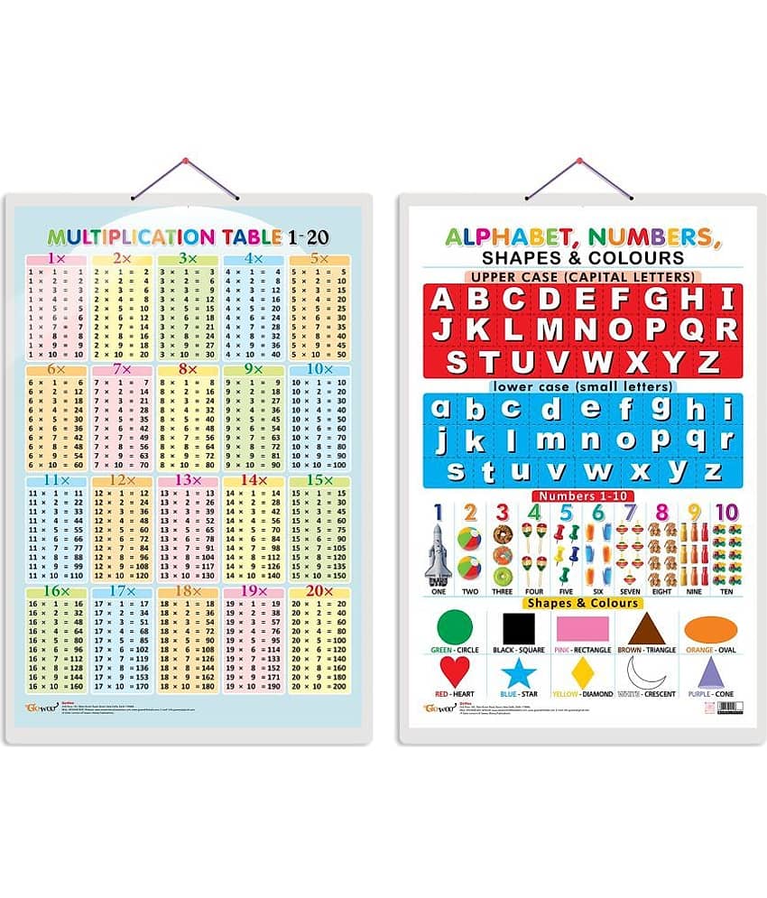 Set of 2 Multiplication Table 1-20 and Alphabet, Numbers, Shapes & Colours Early Learning Educational Charts for Kids | 20"X30" inch |Non-Tearable and Waterproof | Double Sided Laminated | Perfect for Homeschooling, Kindergarten and Nursery Students