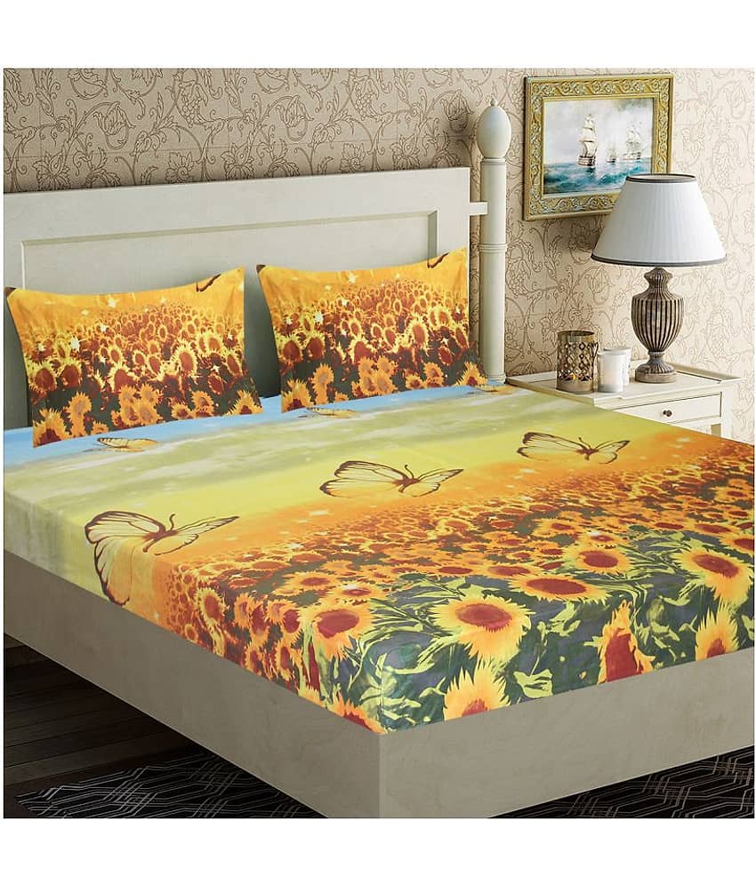 Home Candy Microfiber Floral Double Bedsheet with 2 Pillow Covers- Yellow