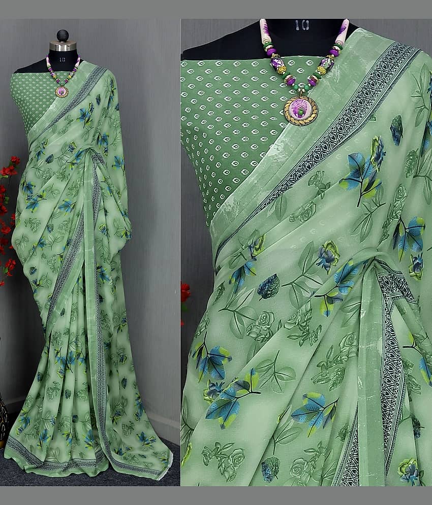 Rekha Maniyar Georgette Printed Saree With Unstitched Blouse Piece ( Green )