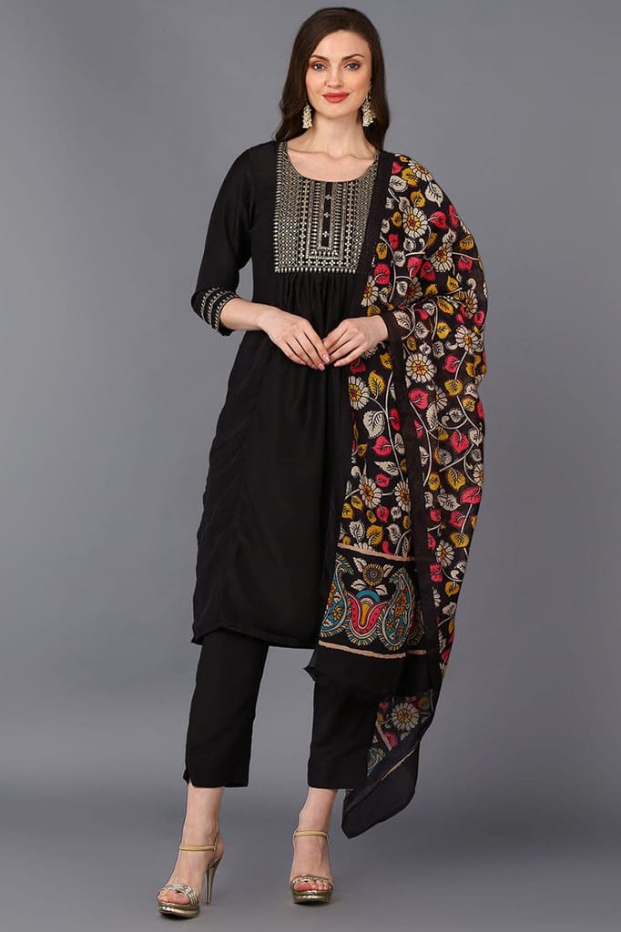 Black Silk Blend Solid Straight Suit Set PKSKD1701 - Kurtas & Kurta Sets | Buy online on ZillyBuy