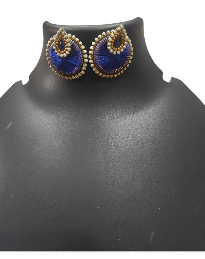 Blue Silk Thread Earrings with Pearl and Stone Detailing