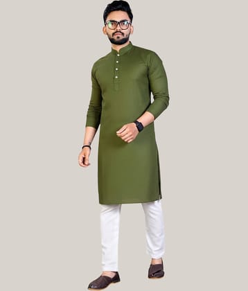 YUG ART Cotton Blend Solid Relaxed Fit Kurta Pyjama Set For Men ( Olive Green )