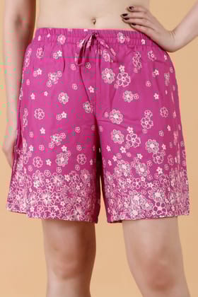 Floral Printed Shorts with Drawstrings-L / Pink