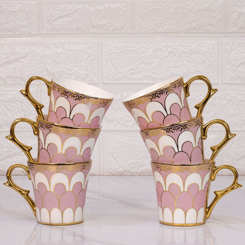 Femora Water Drop Scale Pattern Golden Tea Mugs, Ceramic Tea Cups, Coffee Mugs (160 ml, Pink) - 6 Pcs Set