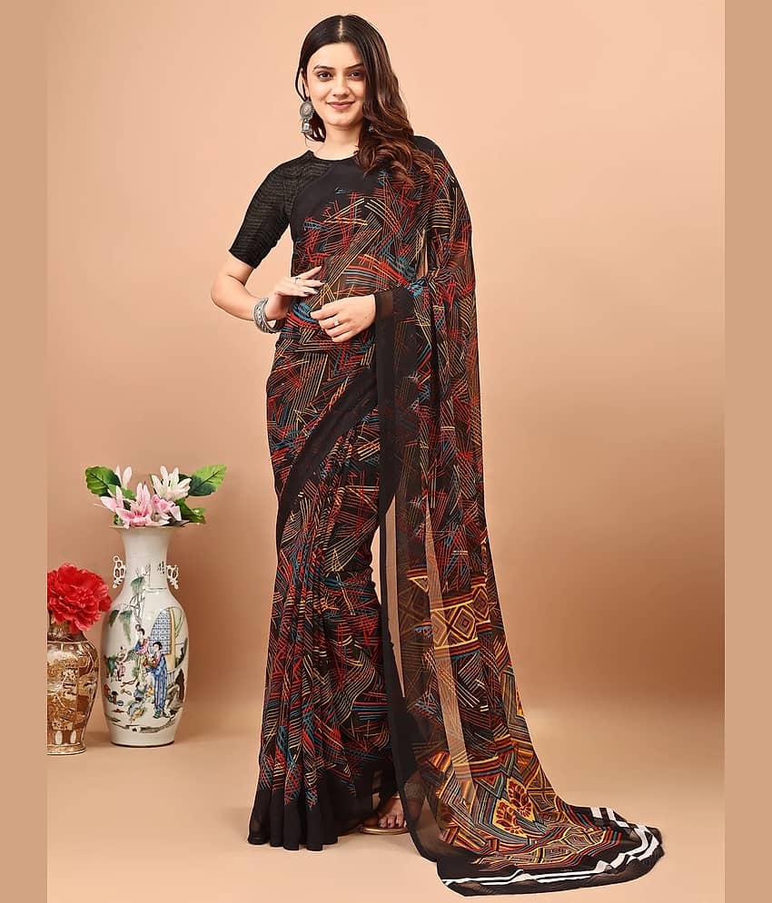 LEELAVATI Chiffon Printed Regular Saree With Unstitched Blouse Piece ( Black )