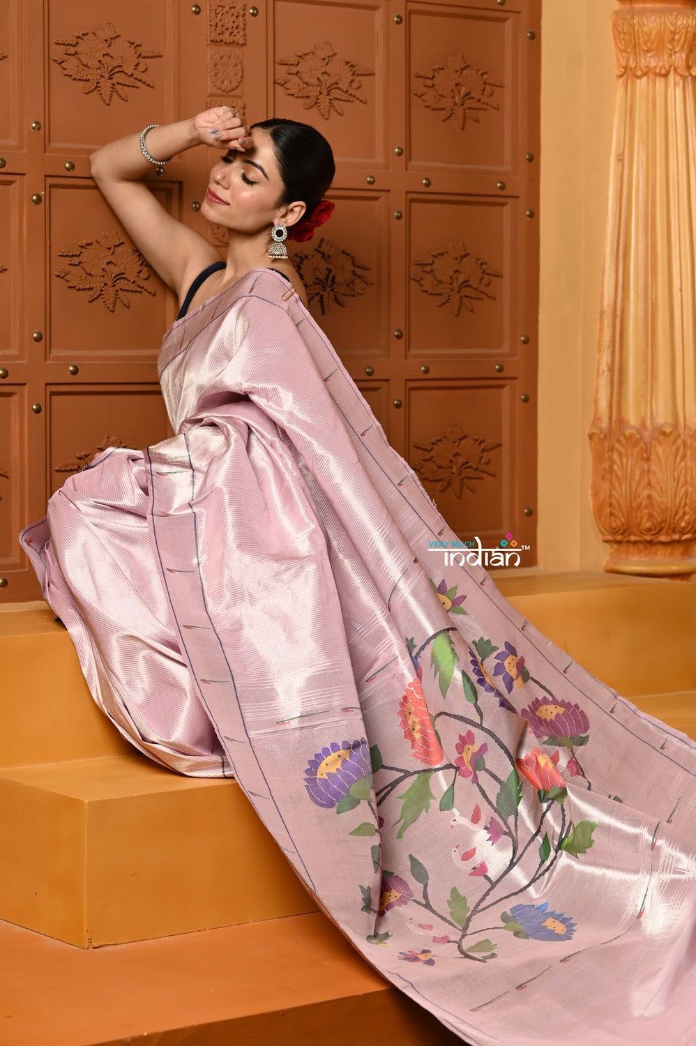 Shubh- Exclusive Handloom Pure Silk Muniya Border Paithani With Tissue Lines and Grand Lotus Pallu ~ Lilac