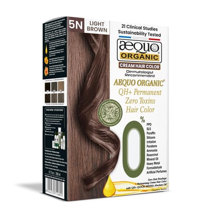 Aequo Organic Cream Hair Colour Salon Pack With QH+ Bioactive | Natural, 100% Grey Coverage, PPD & Ammonia Free Permanent Hair, Beard Color For Men | Unisex | 5N Light Brown 200ml, Pack Of 1 Aequo Organic Cream Hair Colour Salon Pack With QH+ Bioactive |