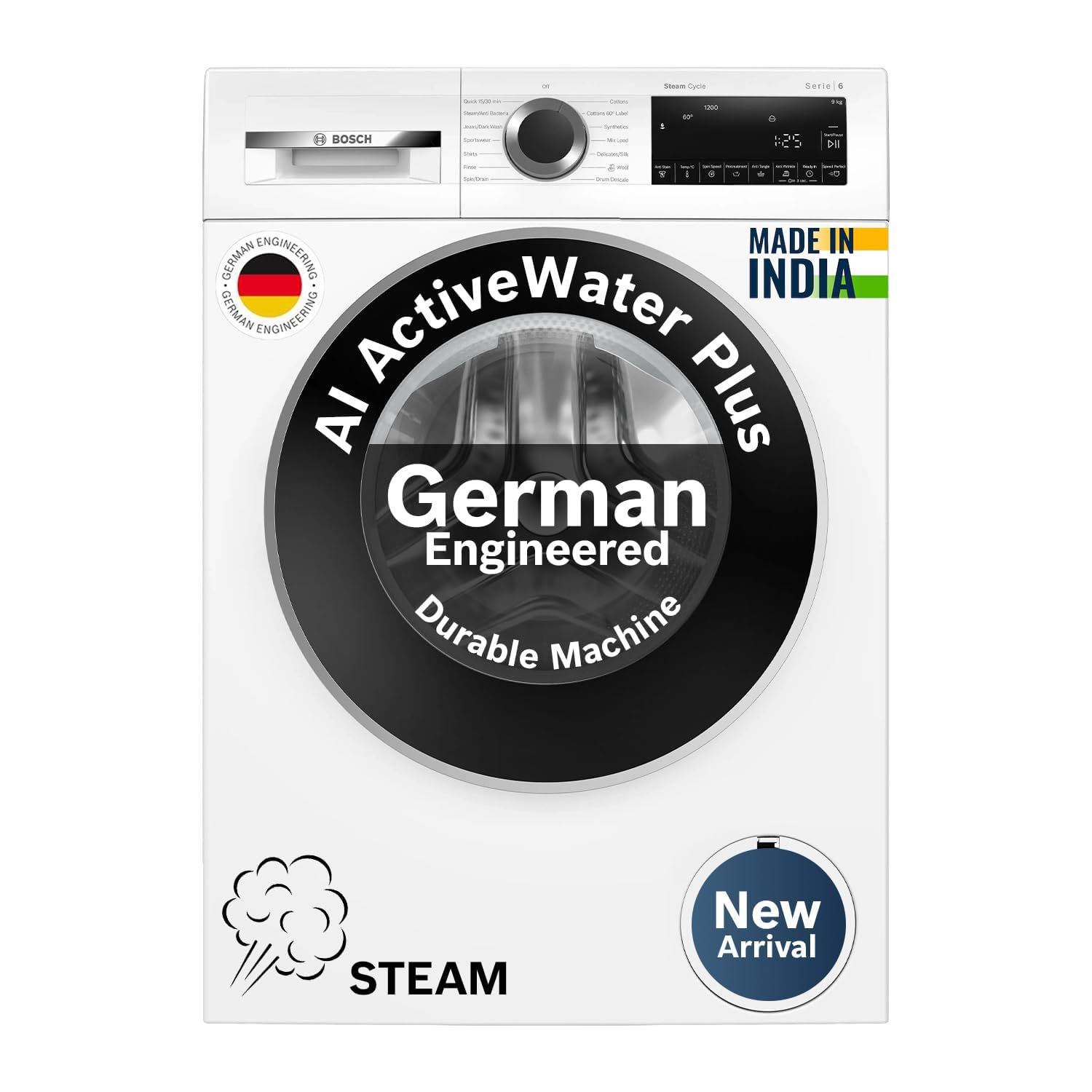 Bosch 9 kg 5 Star Front Load Fully-Automatic Washing Machine, AI ActiveWater, 14 Wash Programs, Removes 99.9% Germs with Steam, No Tangle or Wrinkle, SoftCare Paddle,Zero Vibration, White, WGA14200IN Bosch 9 kg 5 Star Front Load Fully-Automatic Washing M