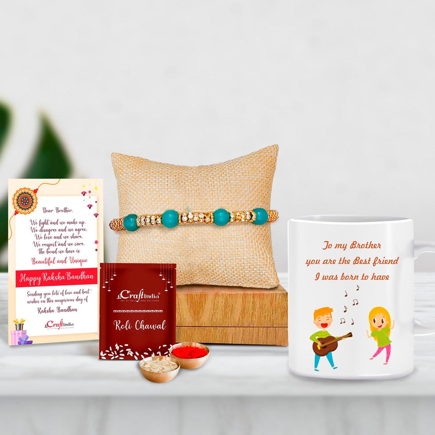 Designer Pearl Rakhi with Mug for Brother and Roli Chawal Pack, Best Wishes Greeting Card