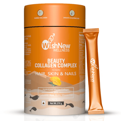 WishNew Wellness BEAUTY COLLAGEN COMPLEX | Radiant Hair, Skin & Nails | 21 Sachets with Collagen, Hyaluronic Acid, Biotin, Vitamins E & C, Rosehip & Curcumin Extracts | Enhanced Absorption Formula
