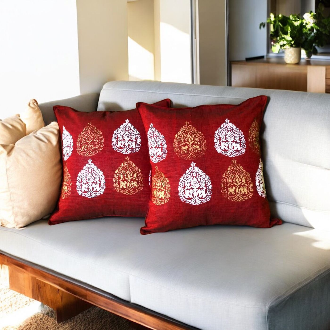 Maroon Hand Block Printed Cushion Covers-Set of 2