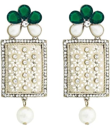 The Jewelbox Designer American Diamond Green Pearl Rhodium Long Earring for Women