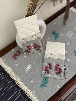 KRI India Bloom Quilted Cutlery Holders Set|Set of 6 | Grey & Ivory with pink & white embroidery  | 9x4.5 inches | Wash & Care | 100% Cotton | Handcrafted in India. 100% organic & natural.