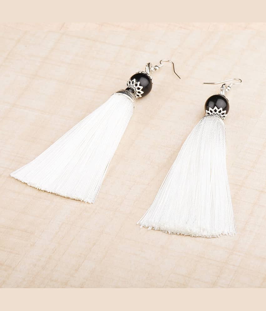 Silver Shine Spunky White Long Thread Tassel Earrings for Women.