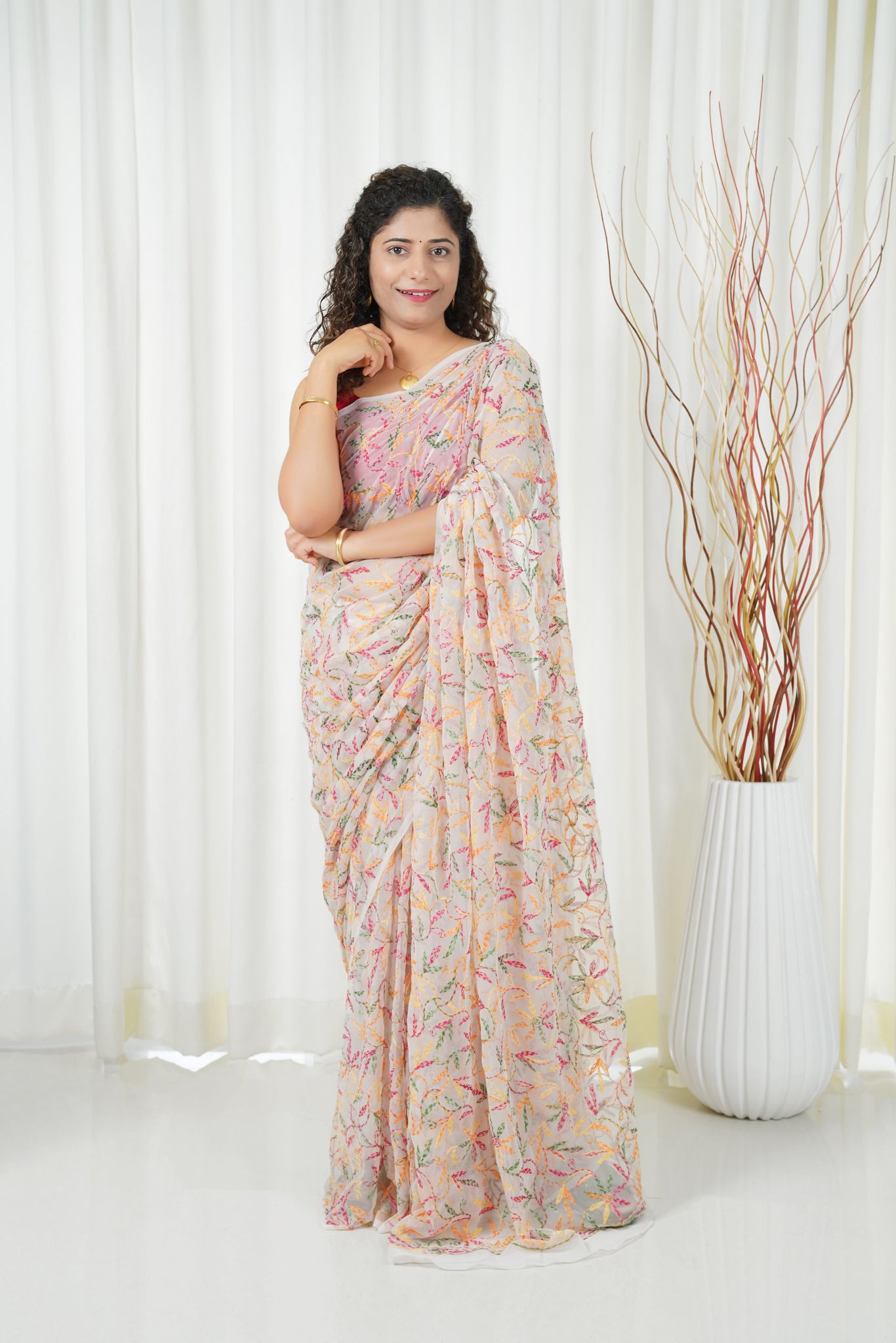 Multi Color Thread Tepchi Work Chikankaari Saree- White