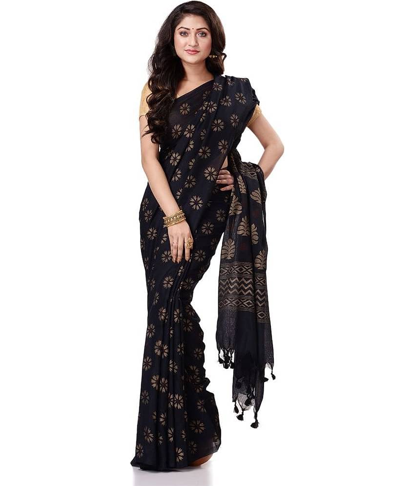 Desh Bidesh Cotton Self Design Saree With Unstitched Blouse Piece ( Black )