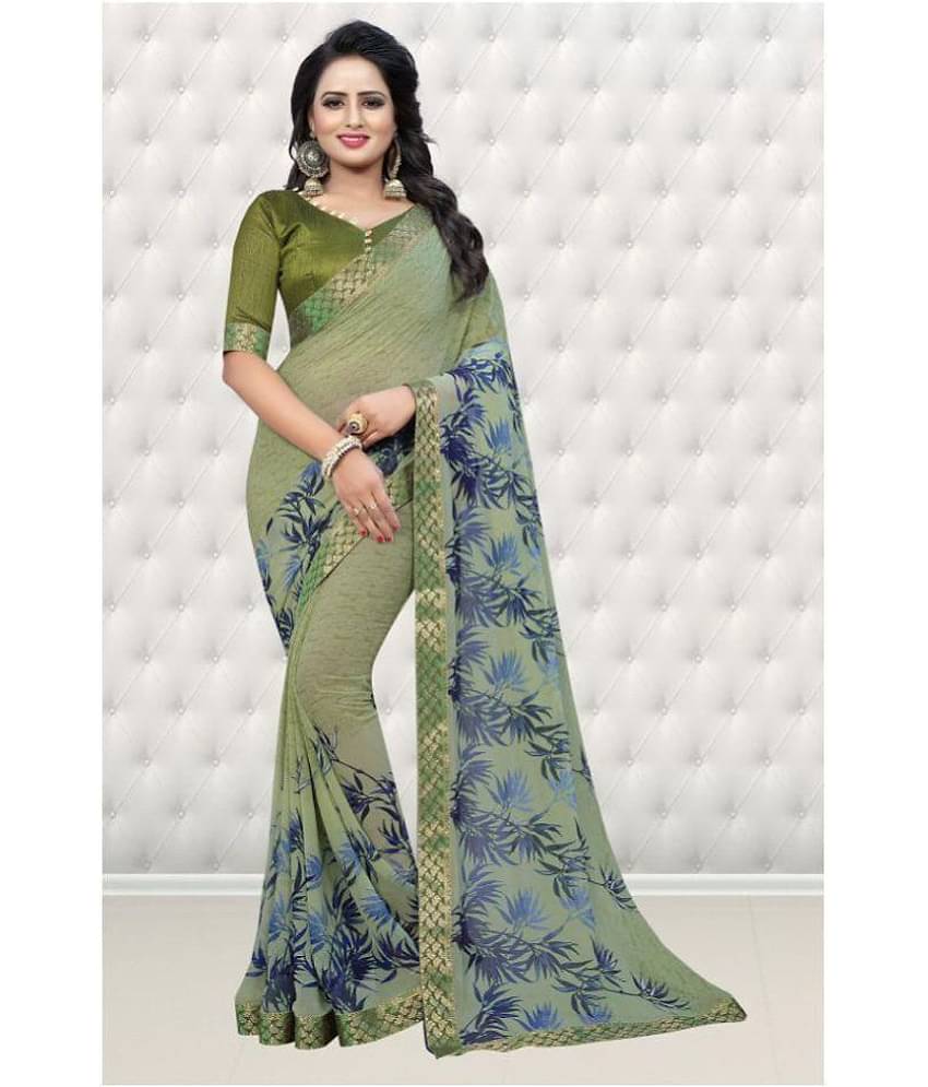 Gazal Fashions Chiffon Printed Saree With Unstitched Blouse Piece ( Green )