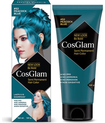 COSGLAM Semi Permanent Hair Color, No Peroxide, Non Oxidative, Ammonia Free Hair Colour 52 Peacock Blue - 120gm