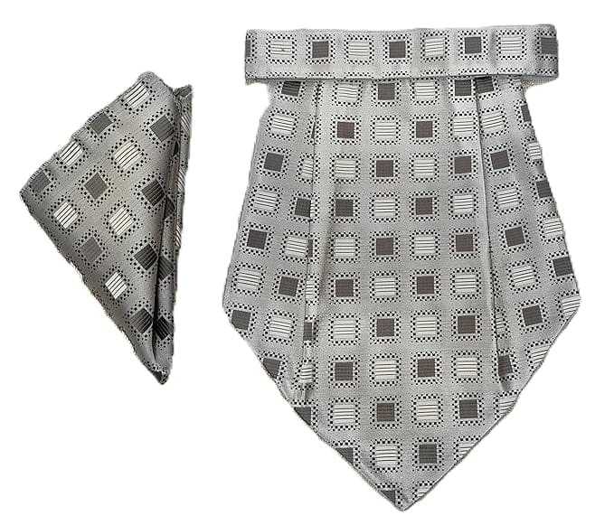 VOICI France Mens Paisley Cravat ascot NeckTie Pocket Square Microfiber Fabric Free Size-Silver Grey