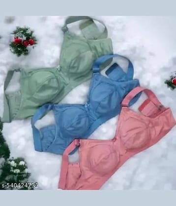 Kiran Enterprises Pack of 3 Cotton Non Padded Everyday Bra For Women ( Blue,Green,Pink )
