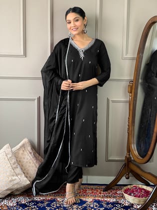 BLACK  REYON EMBROIDERY WORK KURTI PANT WITH FANCY DUPATTA-S
