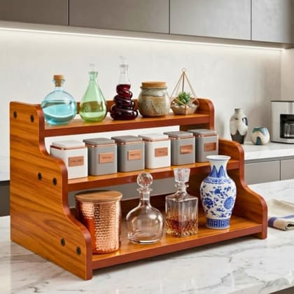 3-Tier Spice Rack, 13.8 Inch Wood Step Shelf Countertop Spice Storage Holder, Kitchen Pantry Cabinet