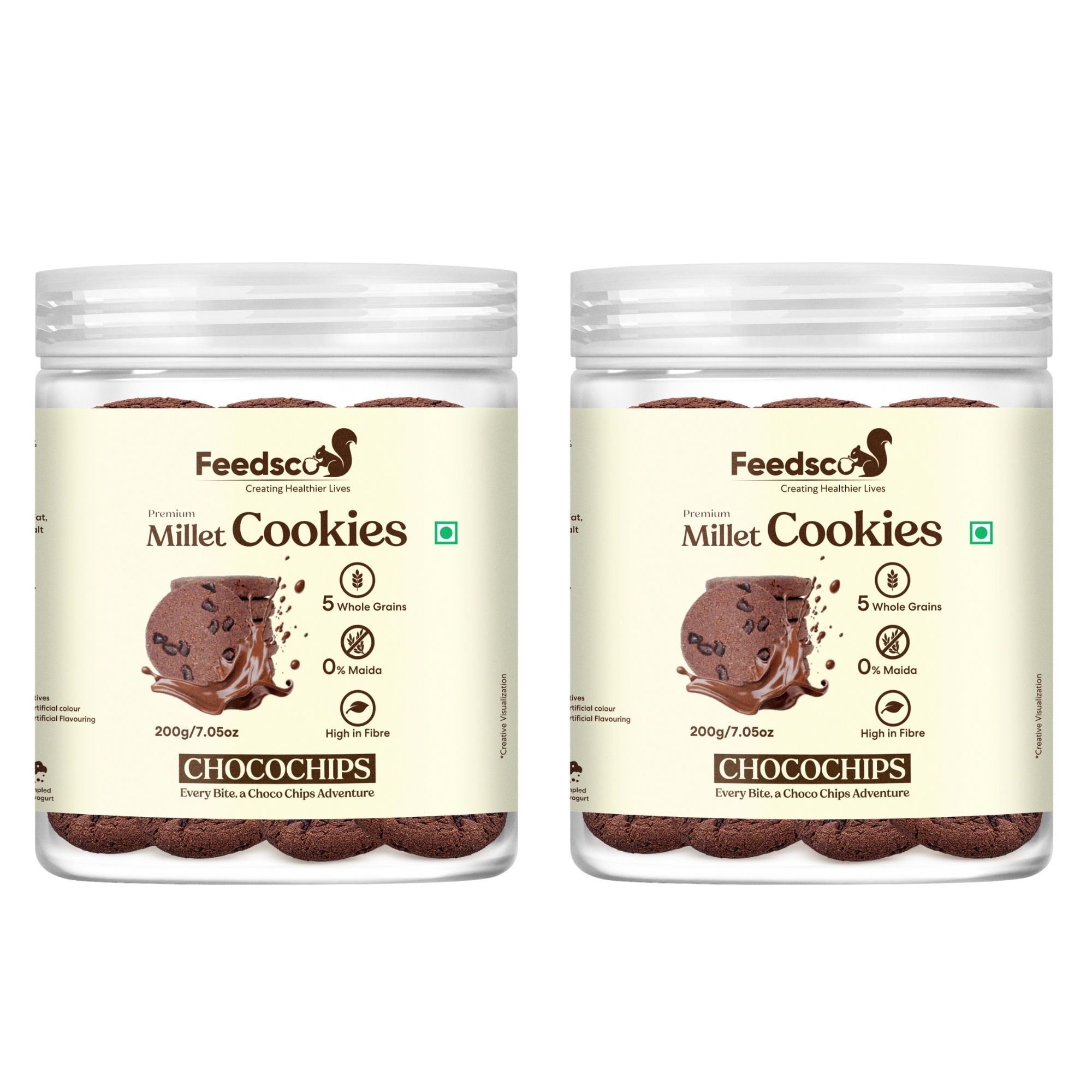 Feedsco Millet Choco Chip Cookies (200g x 2 Packs) – Multigrain, Premium Handmade, Healthy Snack Biscuits | No Preservatives | Perfect for Kids' Tiffin Box Treats