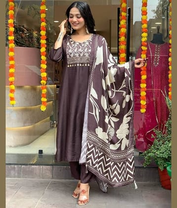 PURVAIYA CREATION Silk Blend Printed Kurti With Pants Women's Stitched Salwar Suit - Grey ( Pack of 1 )