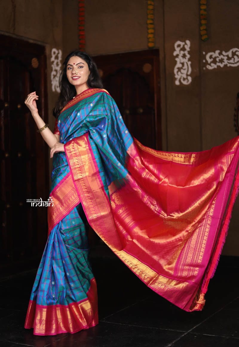 Utsaav ~ Gadwal Pure Silk Traditional Handloom Saree - Turquoise Blue with Checks and Pink Border, Authentic Pure Silk
