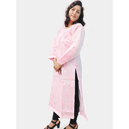 TheHangr Dual Thread Hand Embroided Pink Cotton Lucknowi Chikankari Kurti