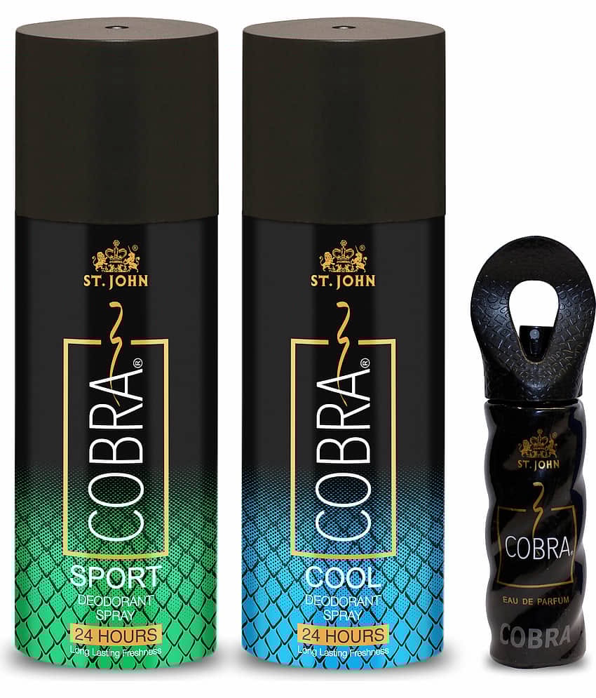 ST.JOHN Cobra Sport,Cool 150ml Each & Cobra 15ml Deodorant Spray & Perfume for Men (315ml) Pack of 3