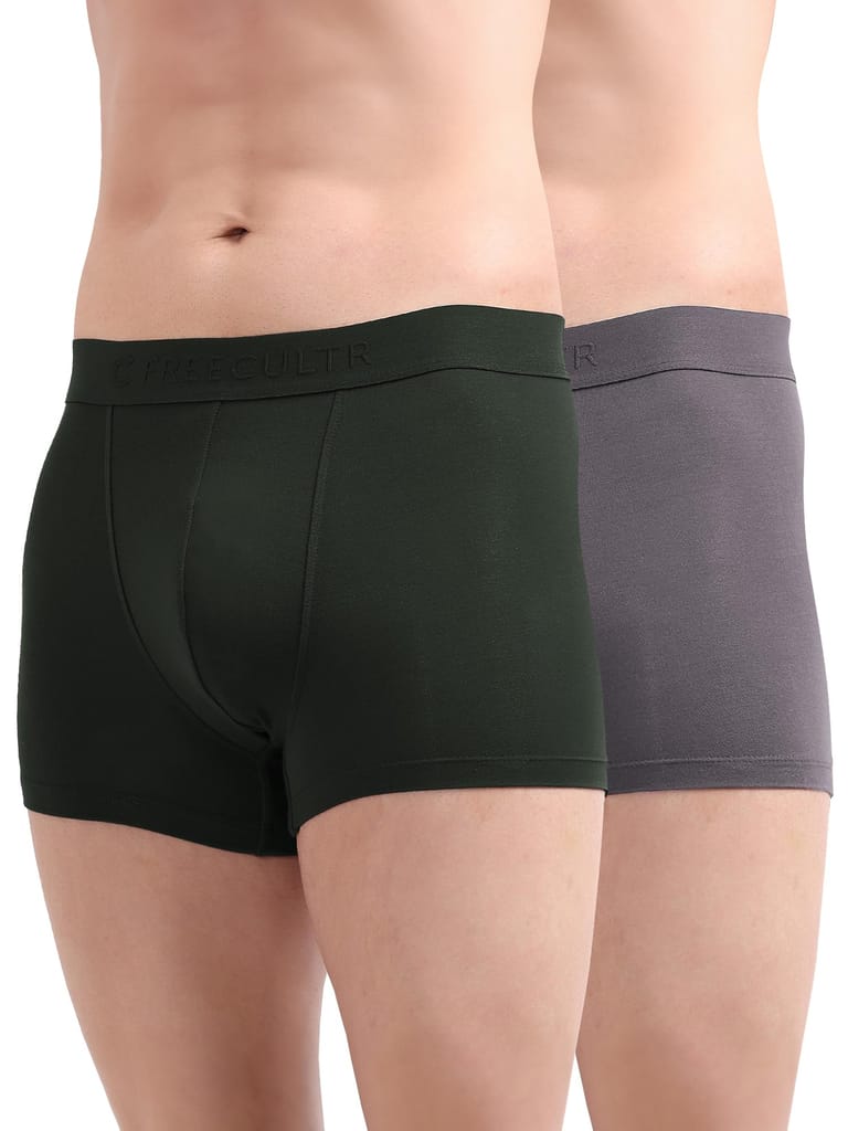 Freecultr Men's Underwear Anti Bacterial Micromodal Airsoft Trunk - Non Itch No Chaffing Sweat Proof -  Pack of 2-Mist Grey,Avocado Green