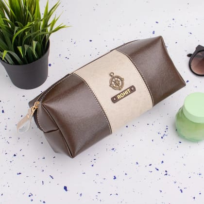 PERSONALISED STRIPE TRAVEL POUCH - BROWN