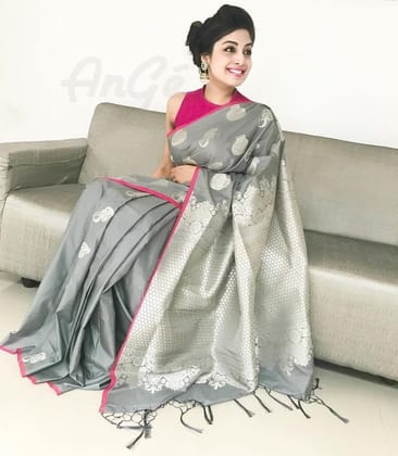 Shinning Silver colored Printed Cotton Silk Saree - J-79