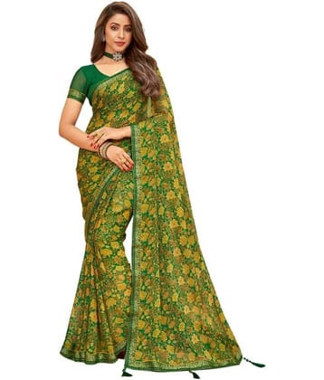 Nandini Creation Chiffon Printed Saree With Unstitched Blouse Piece ( Green )