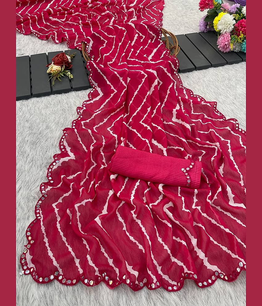 VEERAIVA Chiffon Printed Leheriya Saree With Unstitched Blouse Piece ( Pink )