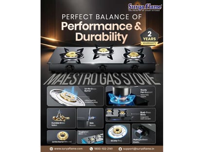 Surya Flame Maestro 4-Burner Gas Stove, Toughened Glass Cooktop, 1 Jumbo Burner + 3 Tri-Pin Brass Burners, Manual Ignition - Black Surya Flame Maestro 4-Burner Gas Stove, Toughened Glass Cooktop, 1 Jumbo Burner + 3 Tri-Pin Brass Burners, Manual Ignition - Black