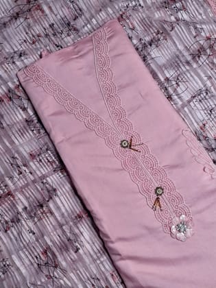 Pink Colour Lace work Unstitched Suit Fabric with Printed Dupatta-Free Size / Pink