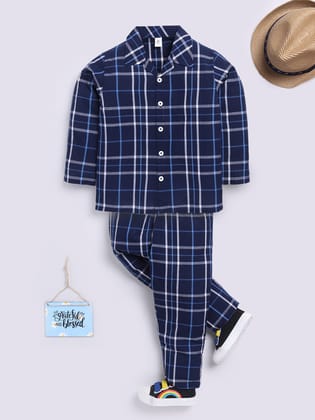 Blue Full Sleeves Checked Night Suit-6-7 y